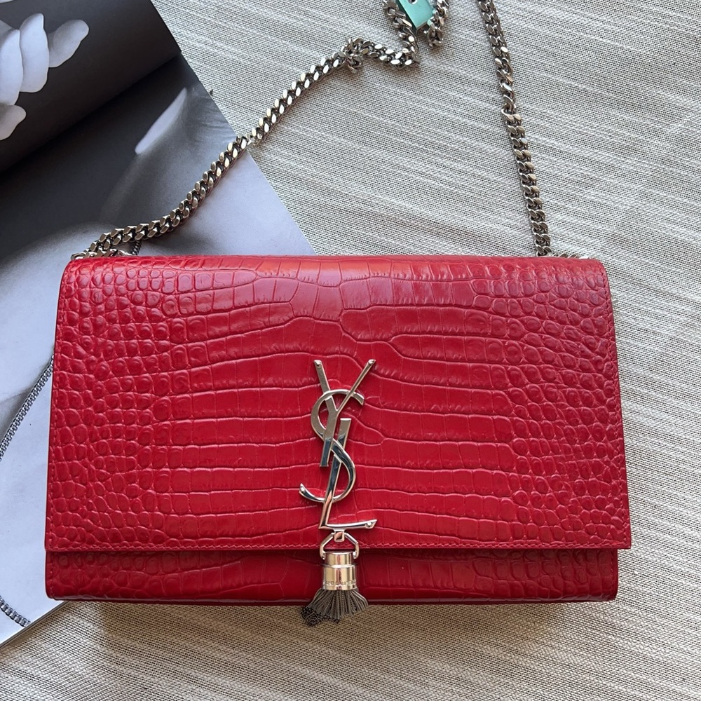 Saint Laurent YSL Logo Croc Embossed Leather Crossbody Bag